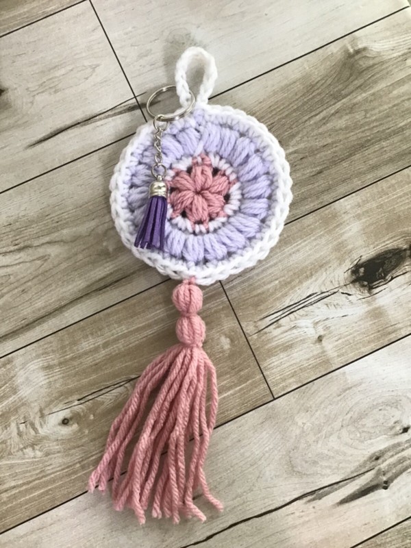 Handmade KEYCHAIN Mandala Pink Purple Tassel Boho Crochet Knit Yarn ART Gift