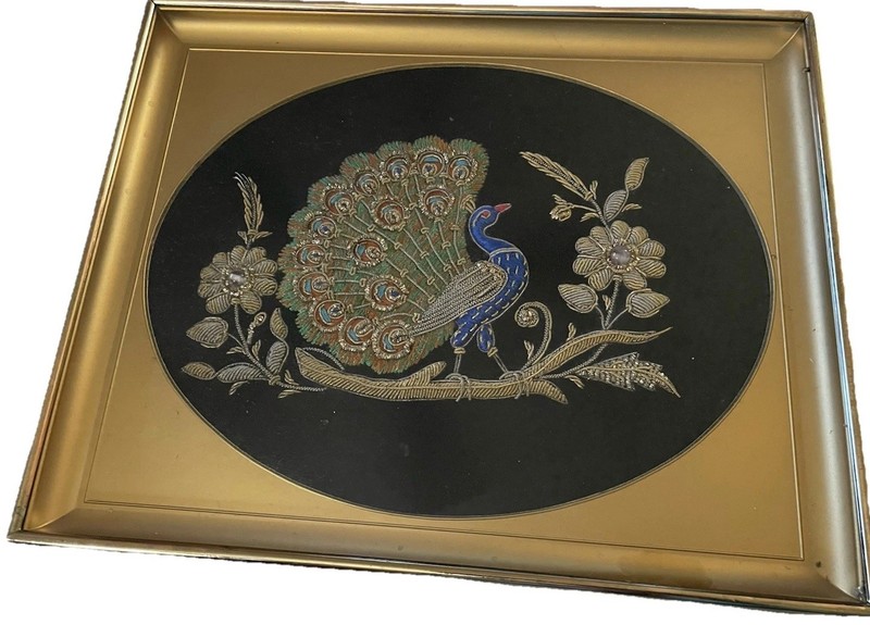 Zardozi Peacock Handmade Embroidery Needlework Beaded On Velvet Framed Wall Art