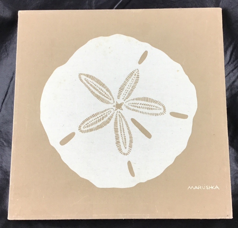 Vintage Marushka Sand Dollar Stretched Tan Canvas Coastal Beach Art 13″ x 13″