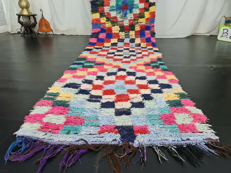 Moroccann Vintage Handmade Runner Rug 2'7x11'7ft Checkered Colorful Cotton Rug gallery