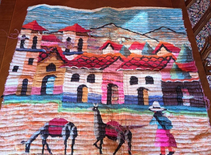 Peruvian Alpaca wool wall-hanging, beautiful vivid colors, village scene 37×32