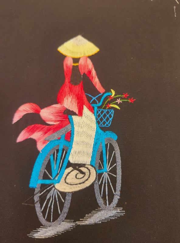 Asian Lady on Bicycle Silk Embroidery Textile Art Framed Floral Hat Gift Decor gallery