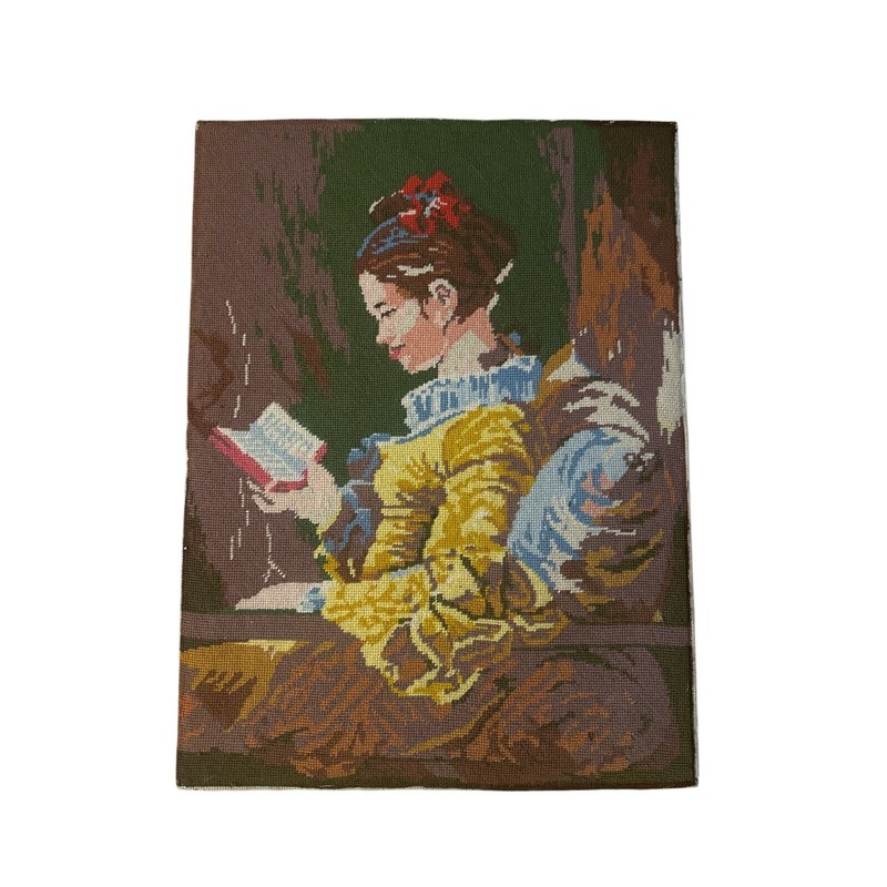 Large Handmade Embroidered Needlepoint Victorian Woman Reading Book Art Decor
