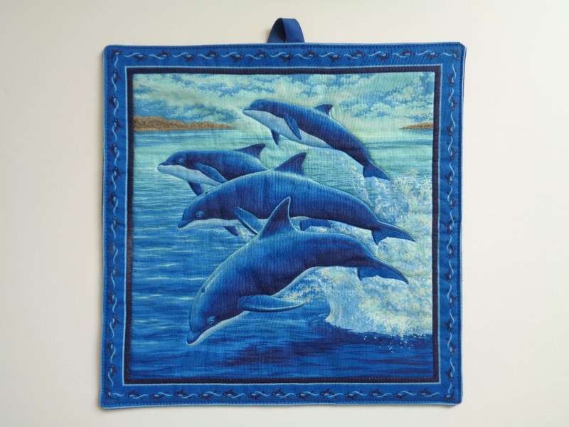 Vintage Tropical Art Dolphin Wall Hanging Blue Ocean Fabric 11.5″x11.5″