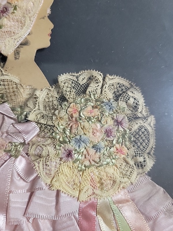 Antique Art Framed Fabric Woman Lady Bonnet Dress Flowers Bouquet Victorian gallery