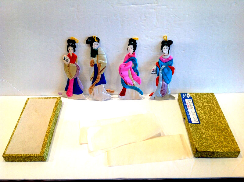 Chinese Handmade Silk Satin GEISHA GIRL Lady Paper Christmas Ornament LOT OF 4