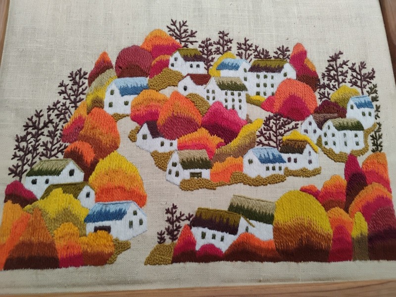 Autumn Village Houses Satin Stitch Landscape Multicolored Orange Green White VTG gallery