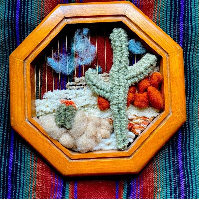 Vintage Artisan Made Mohair weaving Finer Art. Desert Cactus scene. Yarn Art. 3D