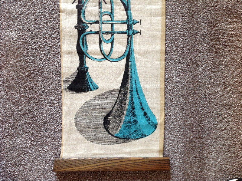 Vtg TOM TRU?? Silkscreen Scroll Tapestry MCM Wall Art Linen Music gallery