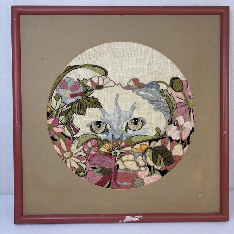 1980s Framed Embroidery Art Cat Flowers Mauve Framed Cottage granny core gallery