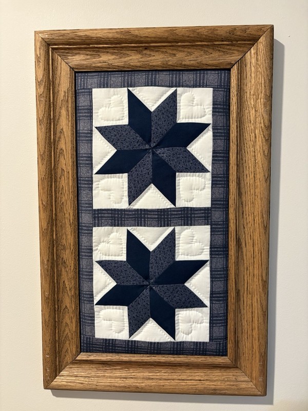 Wood Framed Quilt Squares LeMoyne Star Pattern, Farmhouse