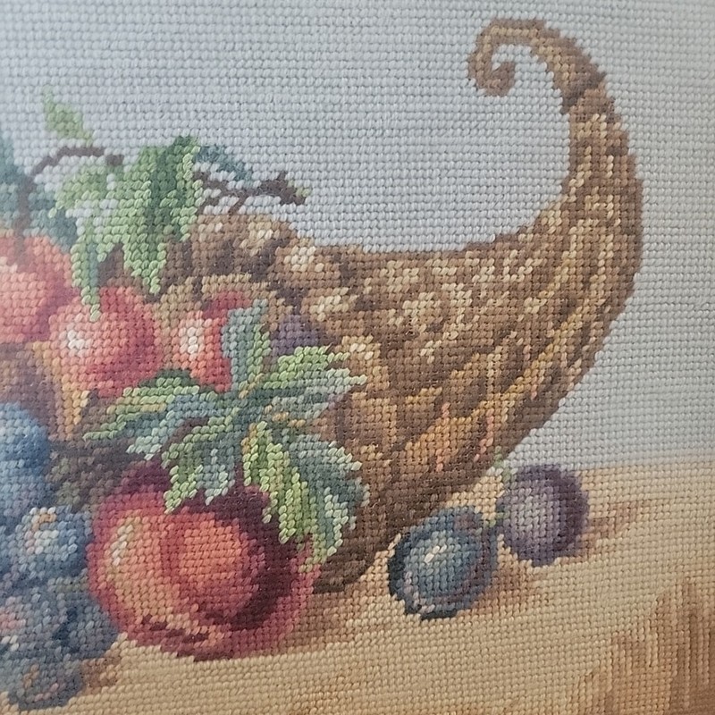 Antique dark wood frame Needle point cornecopia handmade Kitschy Eclectic 18x12" gallery
