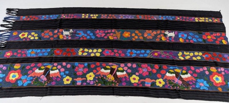 Vintage Mexican Otomi Hand Embroidered Folk Art Textile 89x41in