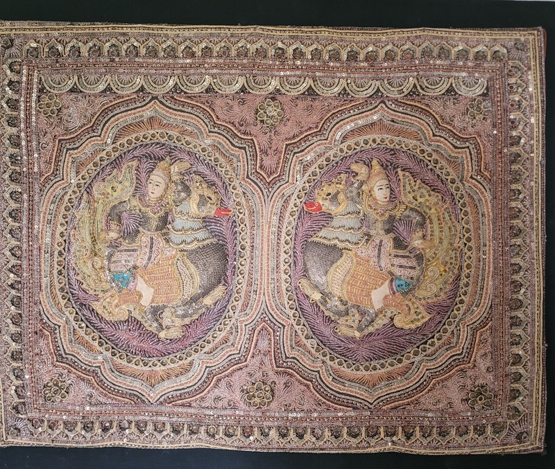 Vintage Burmese Kalaga Embroidery Tapestry Ethnic Art 25″ × 33″ Double Picture