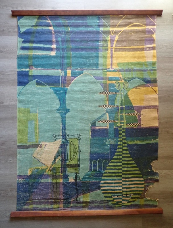 MCM Silkscreen ROBERT BUSHONG Linen Wall Hanging Still Life Damaged 46 x 62″