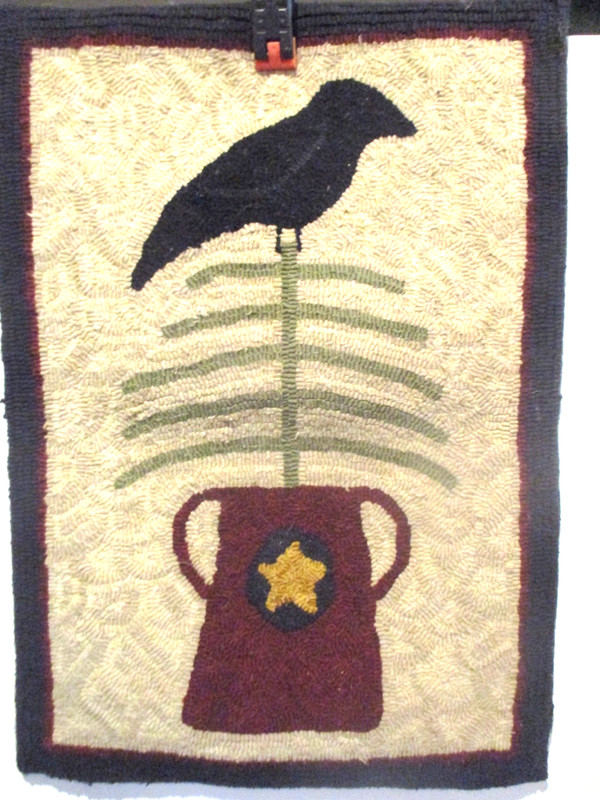 PRIMITIVE CROW,TREE &POTTED STAR HOOKED RUG WALL HANGING (2 B FRAMED?) FOLK ART