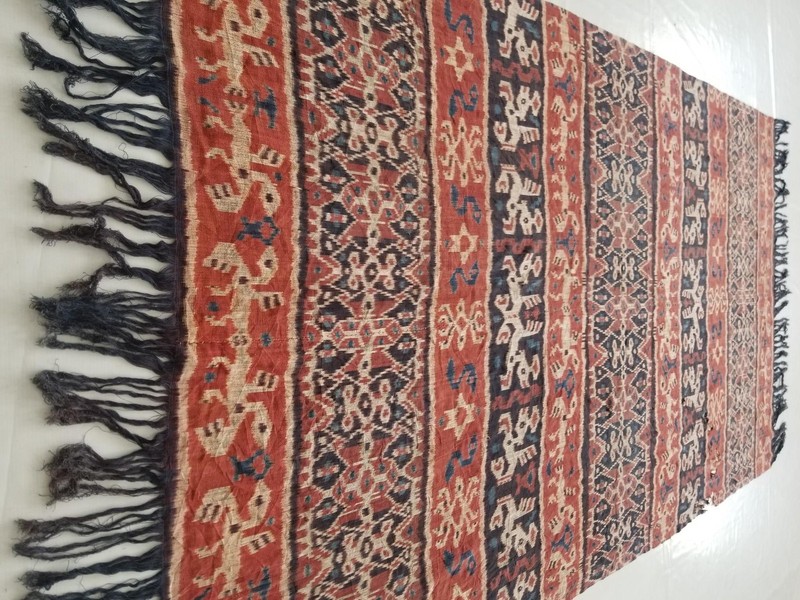 Antique Indonesian Sumba Hinggi Ikat Handwoven Fringed Edges Textile Blanket gallery