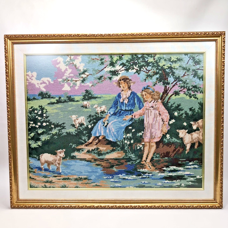Framed Victorian Petit Point Needlepoint Art – Mother, Daughter & Sheep Scene gallery