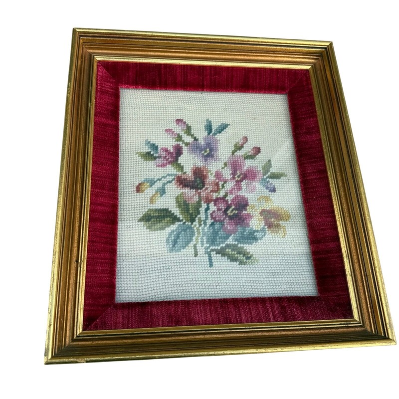 Vintage Floral Flowers Gold Red Framed Finished Needlepoint 11×13 Picture Art