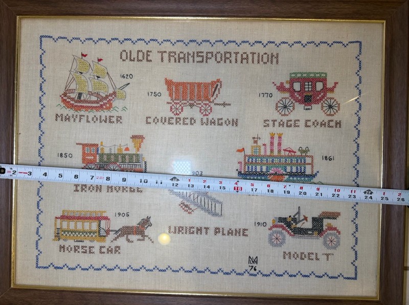 VTG 1976 Embroidered Old Transportation Picture Framed Boats Trains Cars Horses gallery