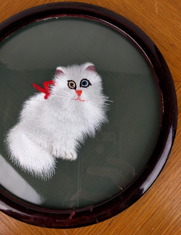 Double Sided Silk Embroidery White Cat Picture 8" Handmade Chinese Art Gift gallery