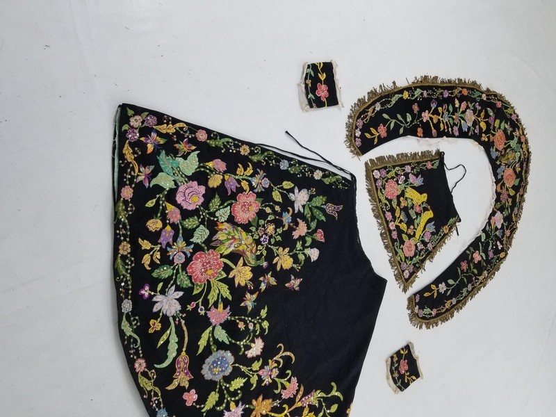 Antique Cantonese Folk Silk Hand Embroidered Wool Sleeve Cuffs 14x13cms gallery
