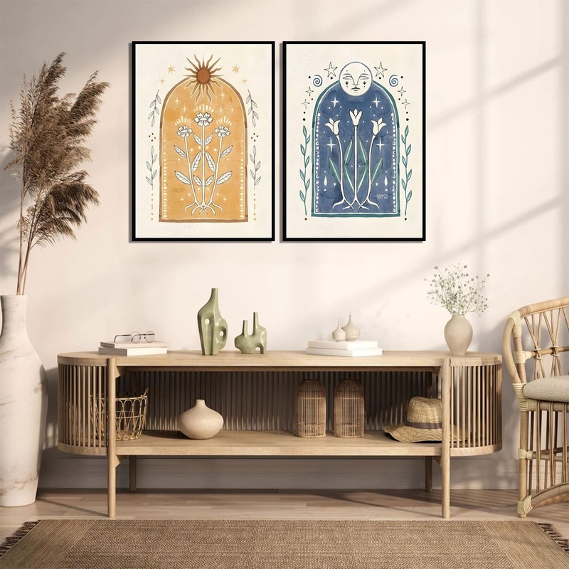 2Pcs Vintage Boho Sun and Moon Canvas Wall Art Sunflowers Pictures Spiritual ... gallery