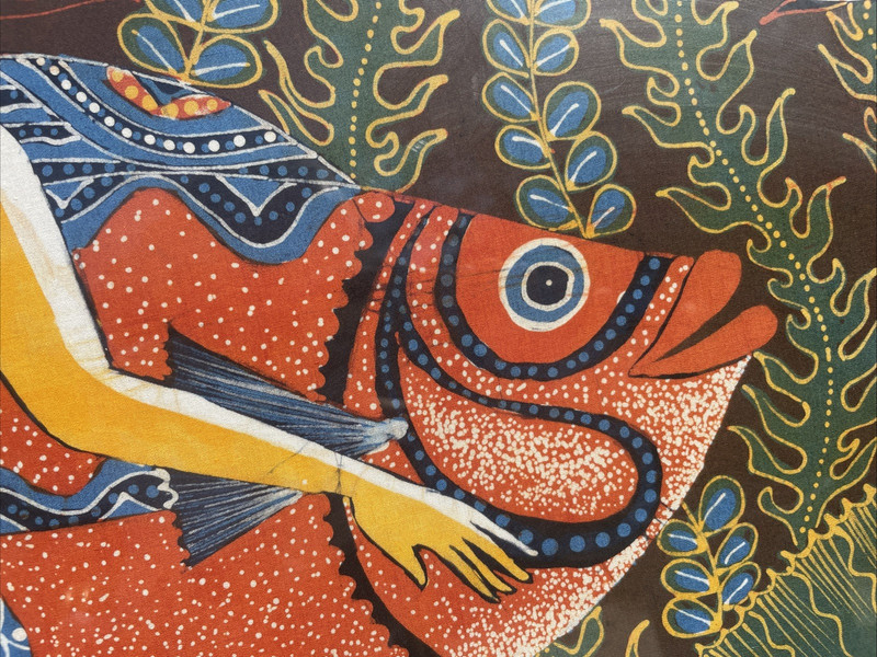 Mermaid With School Of Fish Ocean LARGE Framed Batik Folk Art Painting Vintage gallery