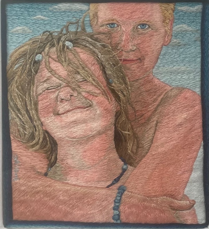 Rare MICAL ALONI 'Seventh Heaven" Couple in LOVE EMBROIDERY Portrait - ISRAELI gallery