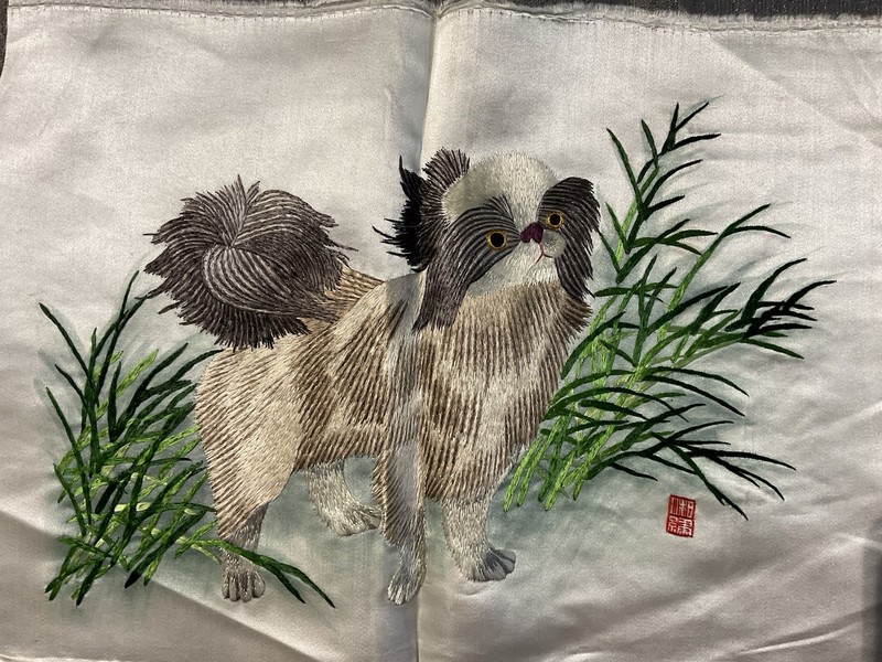 Satin floss on silk hand embroidered Asian Dog Finished Piece