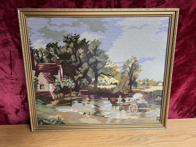 Vintage Large Framed Tapestry J.A. ATKINS 1988 signed back Country Scene 19″x16″