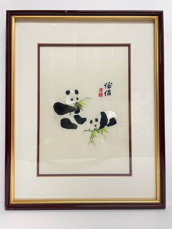 Vtg Chinese Hand Embroidered Panda Bears On Silk Eating Bamboo Signed Framed Art