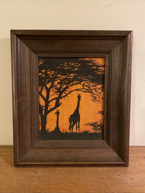 Vintage Kay Dee Handprints Linen Safari Giraffe Orange Sunset Framed Art Print