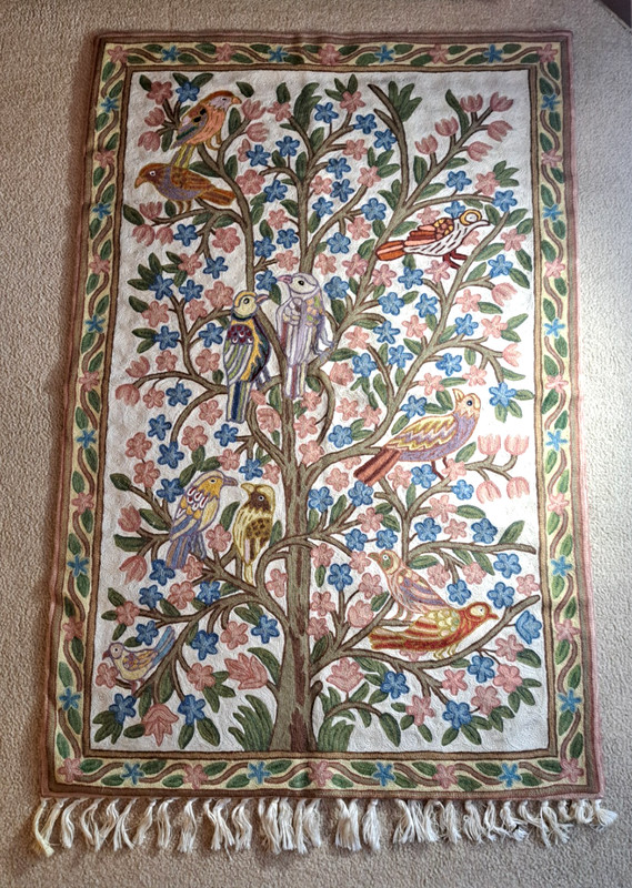 Vintage Kashmir Chain Stitch Tree Of Life Wool Crewel 48″ x 30″ Rug Wall Hanging