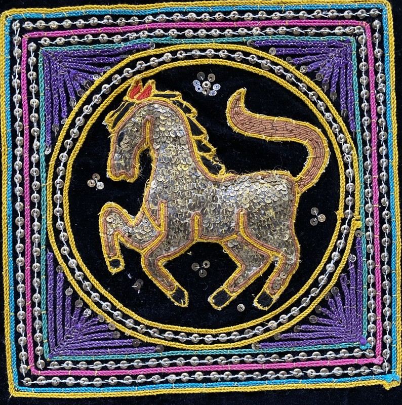 VTG Burmese Kalaga Hand Embroidered Tapestry Horse Sequin Asian Art 11.5” Square gallery