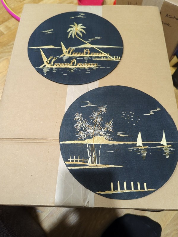 Straw Bamboo Hand-made Island Folk Art On Black Silk Fabric Wall Decor India (4)