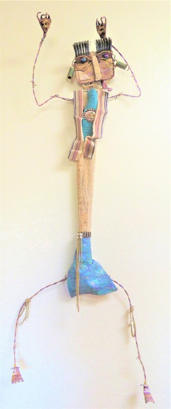 Saguaro Rib Indians Wall Art, made of wood/metal/fabric/jewels & junkyard parts.