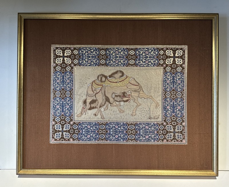 Signed Vintage Silk “Two Camels Fighting “ Persian Tapestry Needle Point Indian gallery