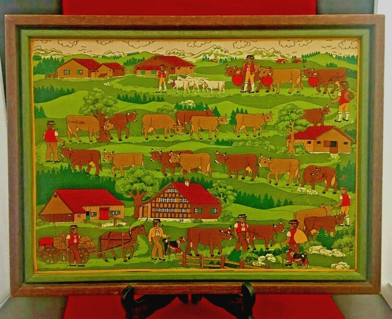 Framed Folk Art from Switzerland printed cotton material village scenery vintage