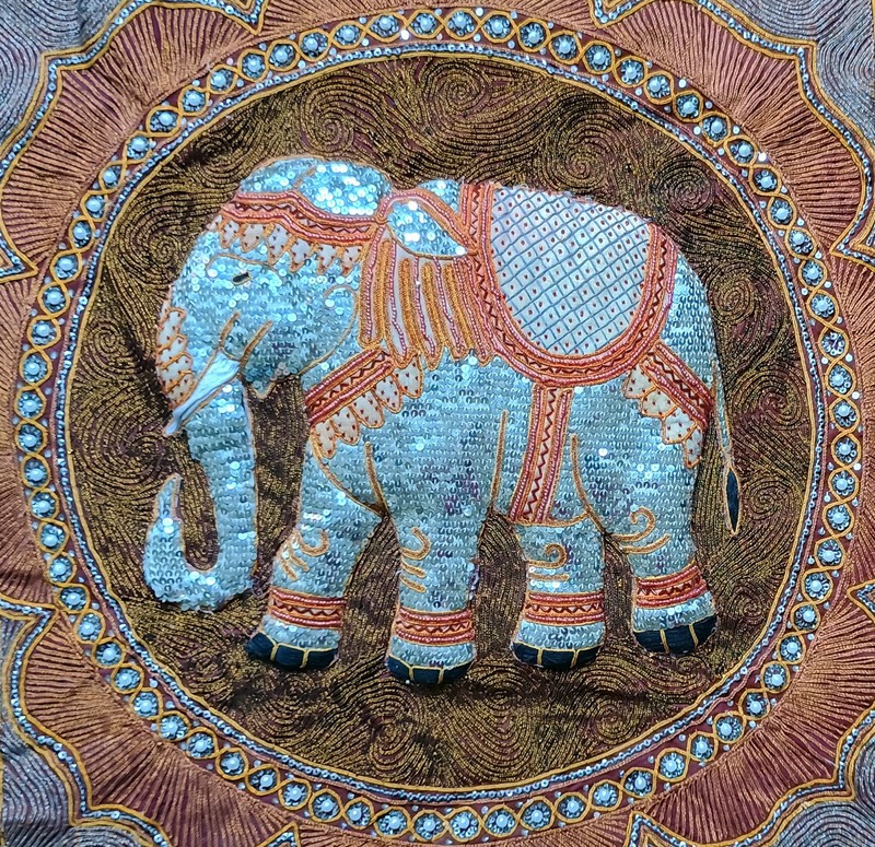 Handmade Burmese Kalaga Tapestry One-Of-A-Kind New Sequined Embroidered Elephant gallery