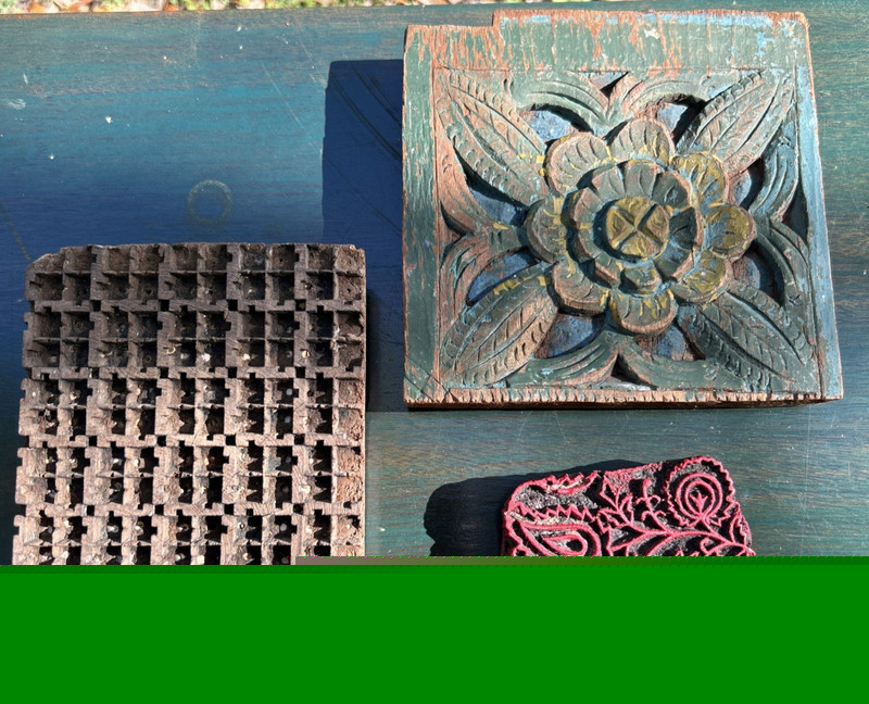 Vintage Antique Indian Wood Print Blocks Lot of 3 Paisley Flowers Grid