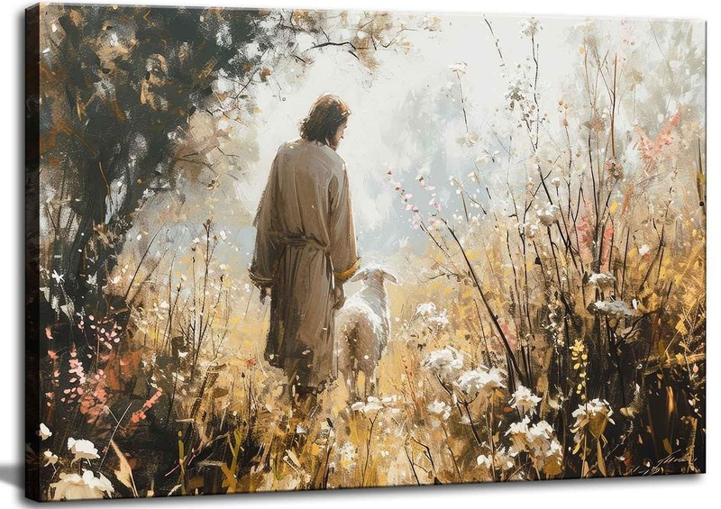 1Pcs Vintage Framed Jesus Lamb Paintings Canvas Wall Art Shepherd Flock Paint…