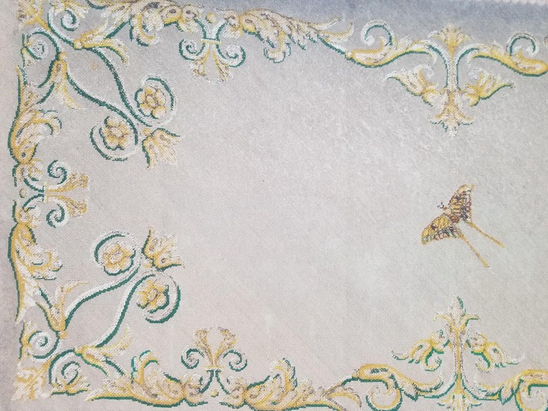 Antique French Needlework Ornate Floral & Butterfly Motif Textile Panel 100x48cm gallery