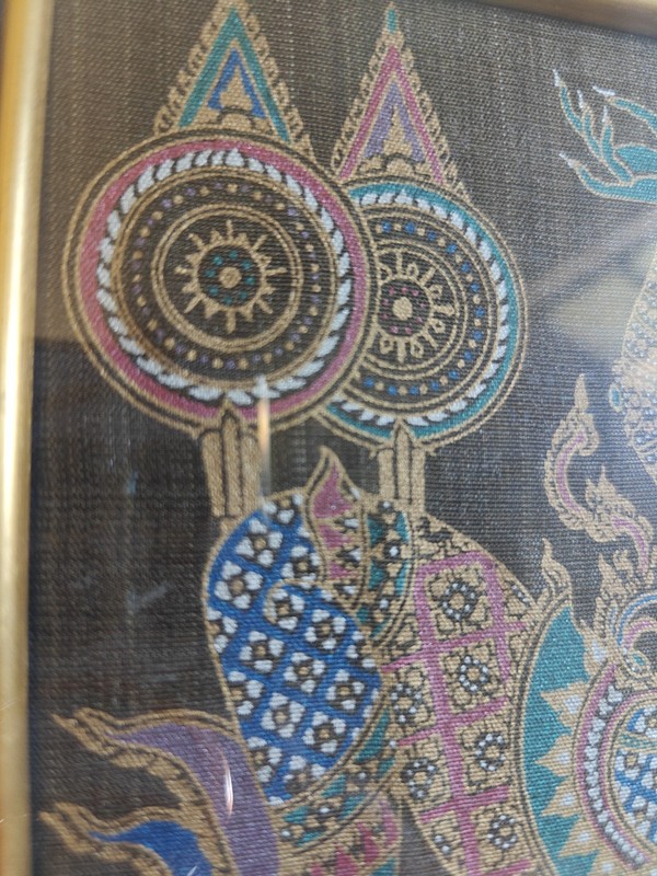 Vintage Thai Ramakien Silk Art Chariot Scene Framed Thai Temple Textile Wall... gallery
