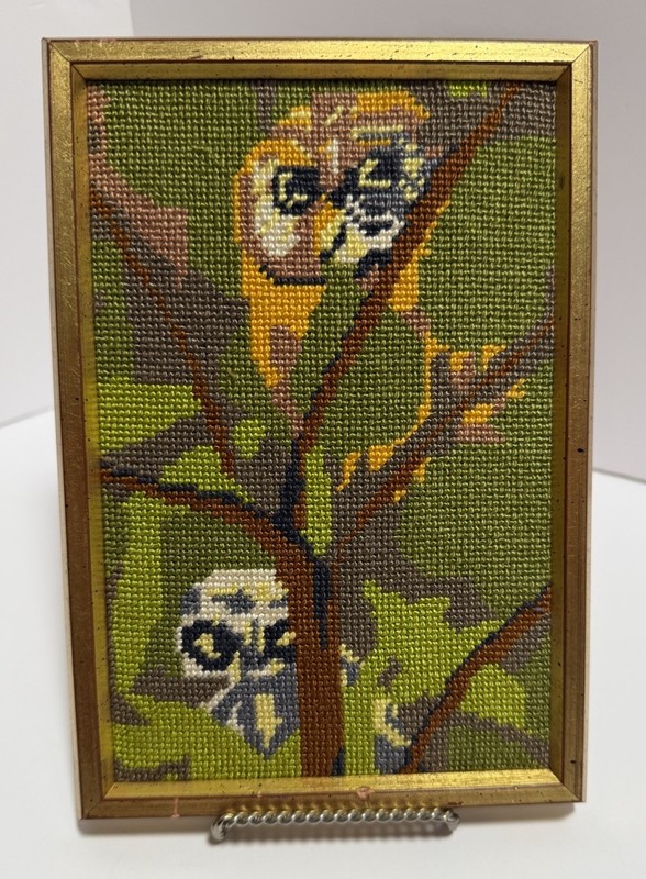 Needlepoint Owls In Tree Framed 70’s Vintage Handcrafted Colorful Boho Art MCM
