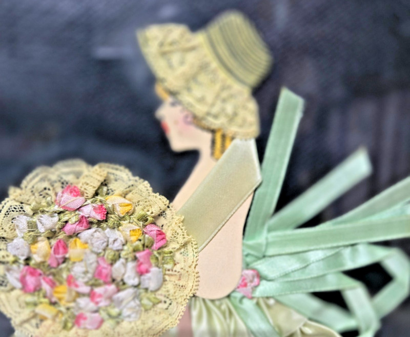 Vintage- Framed Paper Doll Ribbon Art- Lady with Yellow Dress+Flowers -9" X 11" gallery