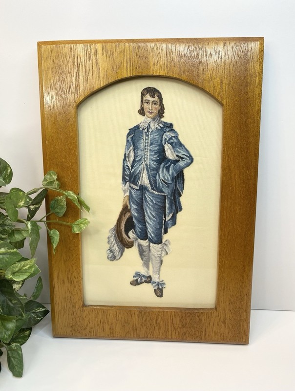 Vintage Petit Point Picture Blue Boy Antique Regency Wall Art Victorian Decor