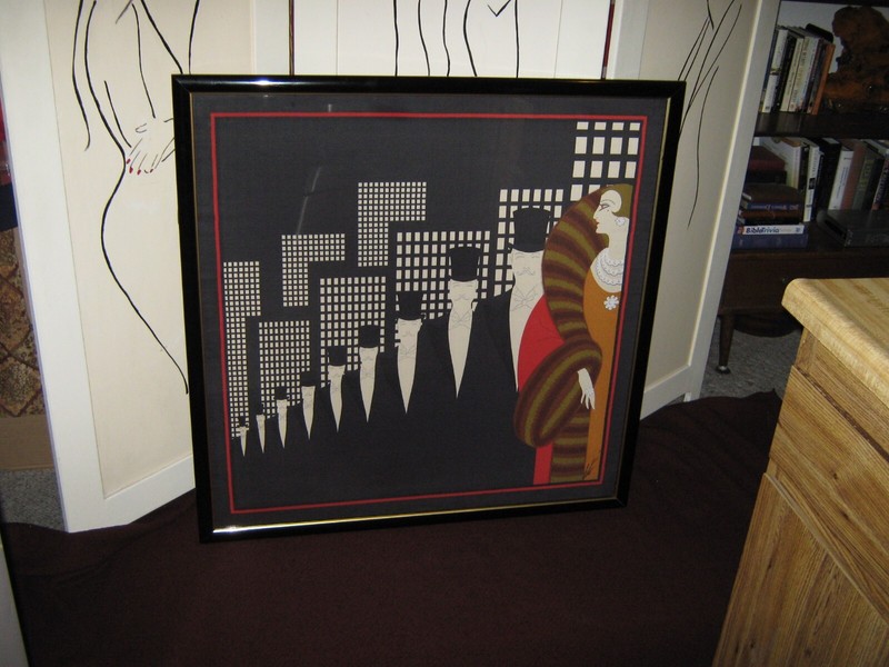 VINTAGE ERTE ART DECO TOP HATS SILK SCARF WALL HANGING SIGNED FRAMED 38" X 38" gallery