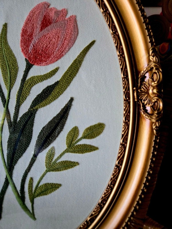 Framed Tulip Floral Embroidery Fabric Wall Art, Medium, Oval Frame gallery