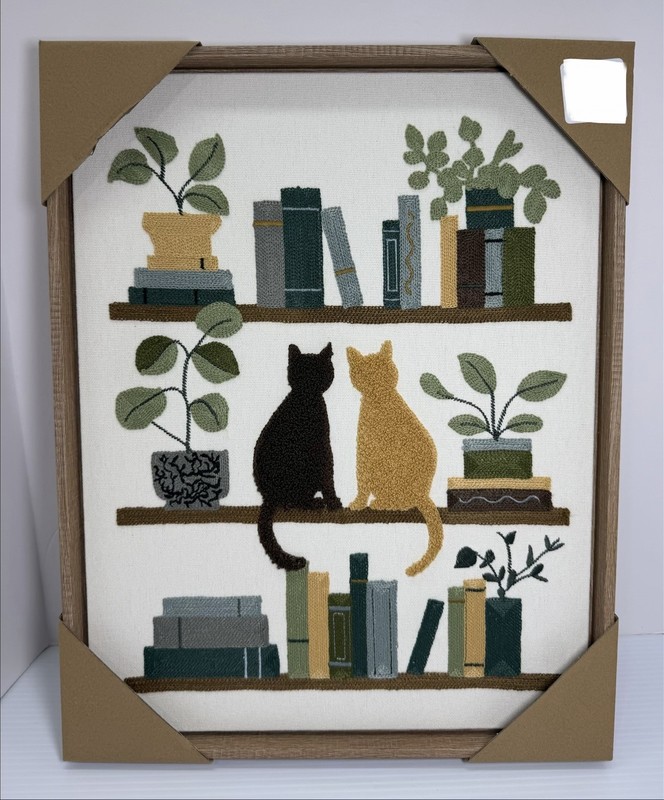BP Home Woven Embroidered Textile Wall Art Plants Cat Books 14.5” x 18.5